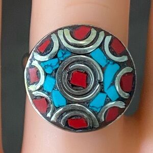 Handmade Size 6.5 Crushed Turquoise & Coral Tibetan Silver Ring